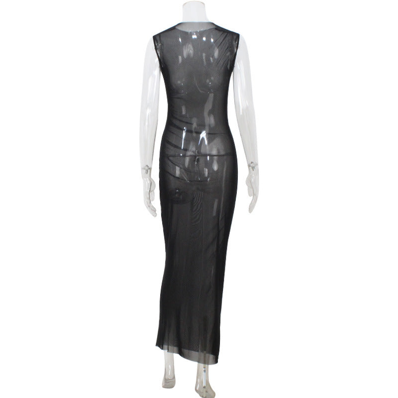 Women's Mesh See-Through Sleeveless Slim Sexy Dress Overskirt Long Blouse