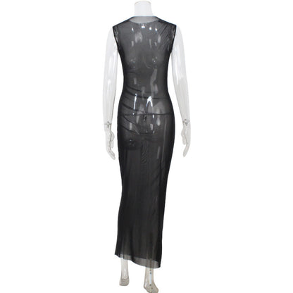 Women's Mesh See-Through Sleeveless Slim Sexy Dress Overskirt Long Blouse