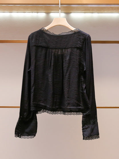 Women's Autumn French Elegant Lace Trim Tie Neck Long Sleeve Shirt