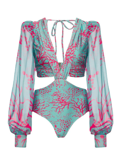 New Printed Long Sleeve Bikini Sexy Split Swimsuit Women's Plus Size Swimsuit