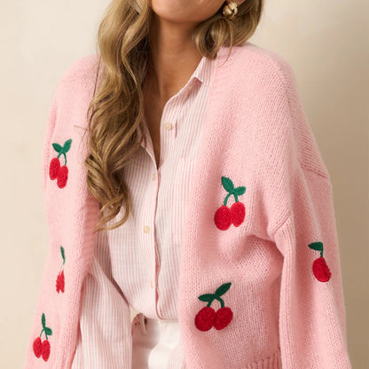 Modieus elegant gebreide open vest met kersen borduurdsels en lange mouwen