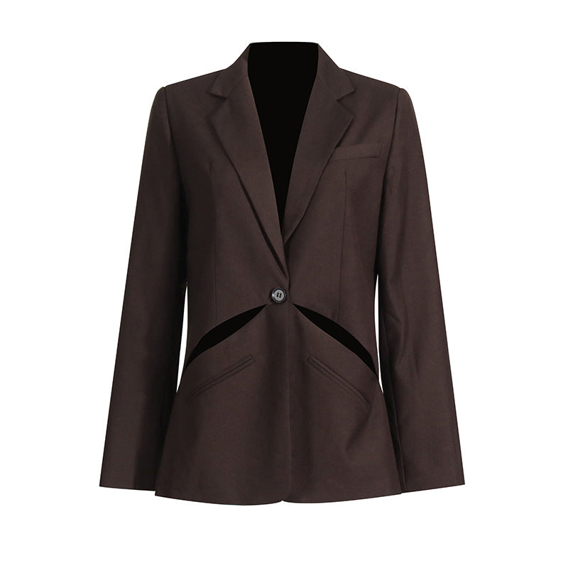 Effe kleur damesblazer met opengewerkte details