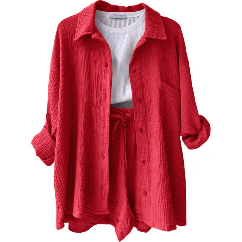 Wrinkled collar long sleeved shirt high waisted drawstring shorts two-piece set