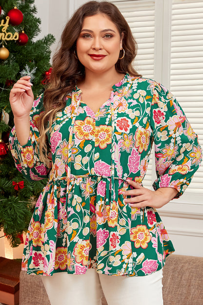 Groene babydoll met bloemenprint en V-hals plus size