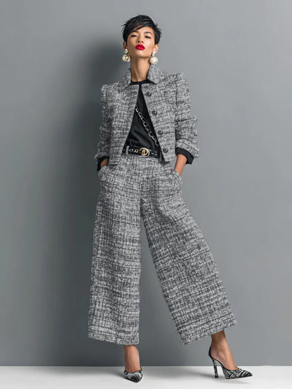 Women Lapel Short Jacket Wide Leg Pants Suit Two Piece Set
