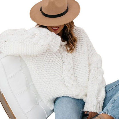 Women's Solid Color Round Neck Cable Knit Batwing Sleeve Loose Casual Pullover Sweater