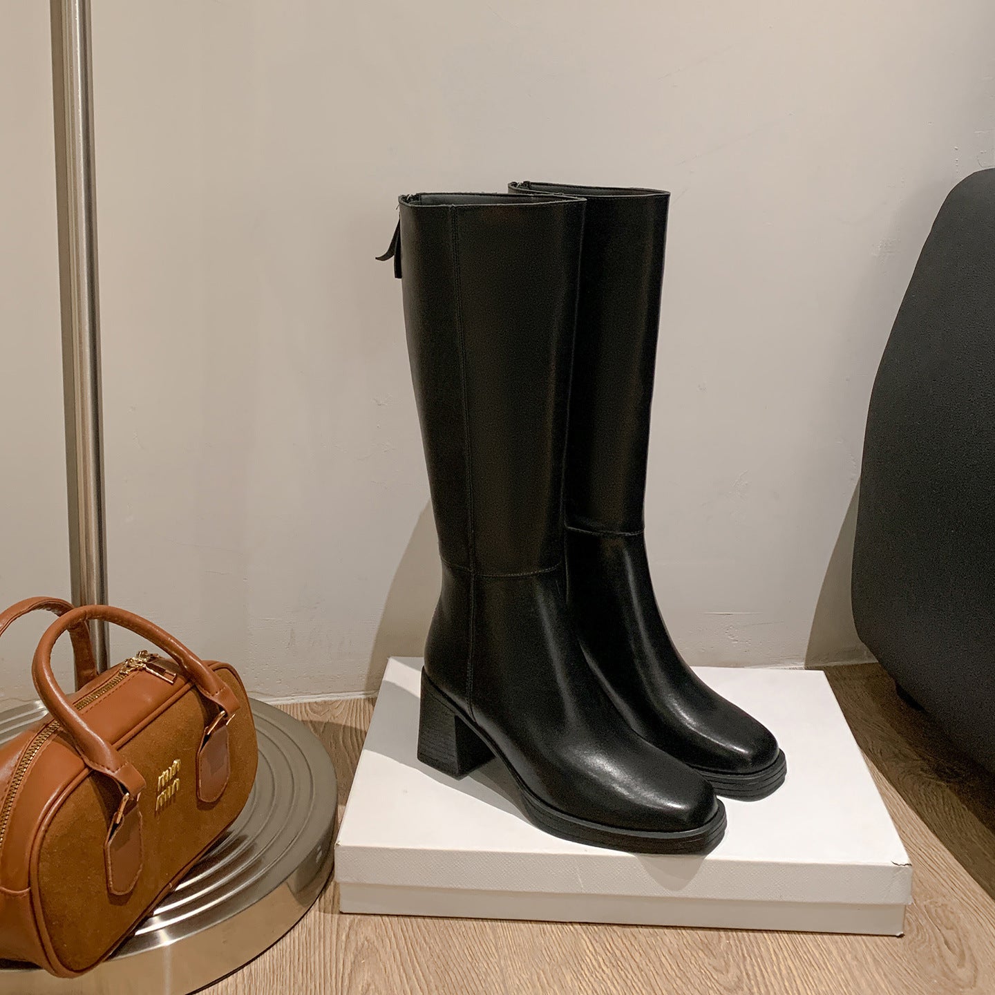 Cowhide Leather Women's Riding Boots Thick Sole High Boots