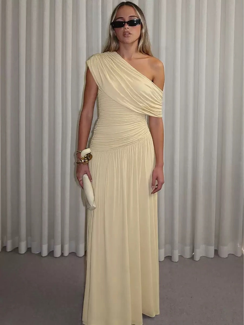 Slant Collar Pleated Dress