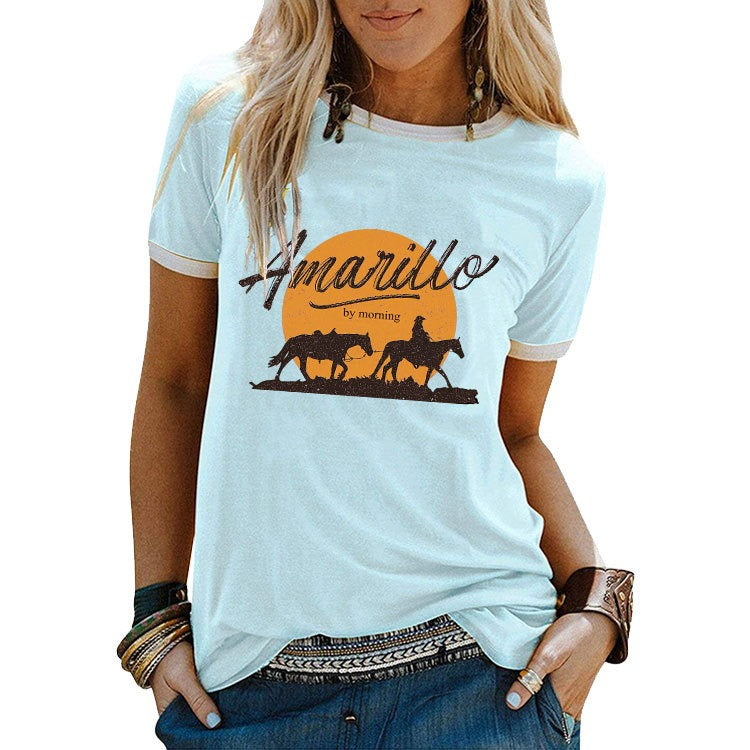 Summer women's amarillo by morning bull head contrasting retro T-shirt short sleeved