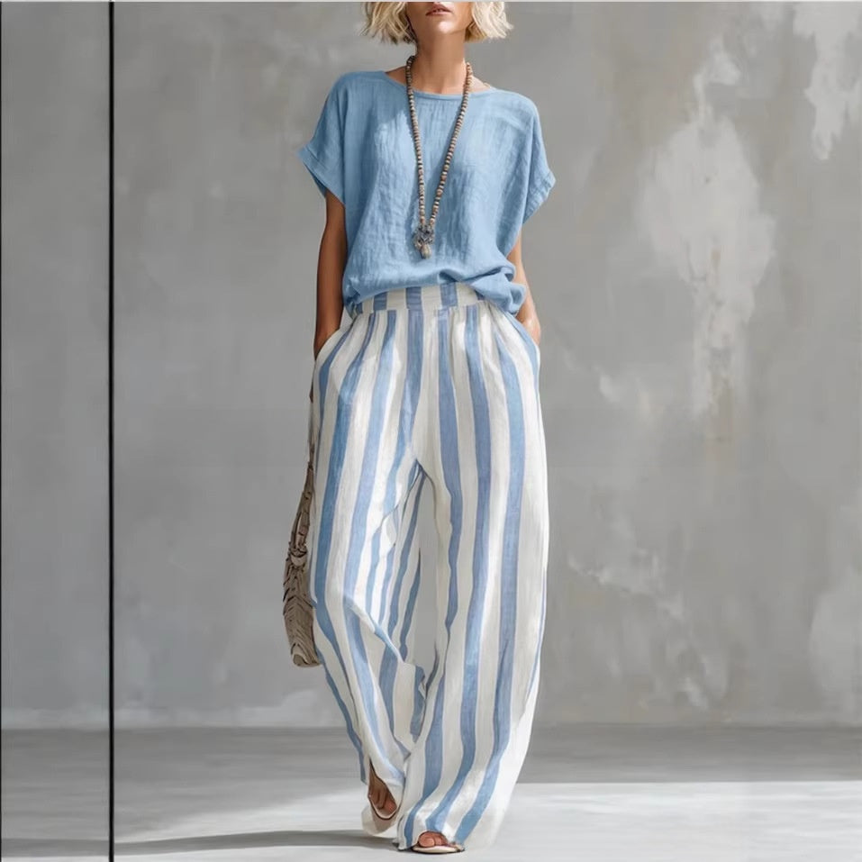 Summer New Comfortable Classic Striped Cotton-Linen Two-Piece Set