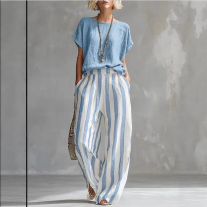 Summer New Comfortable Classic Striped Cotton-Linen Two-Piece Set