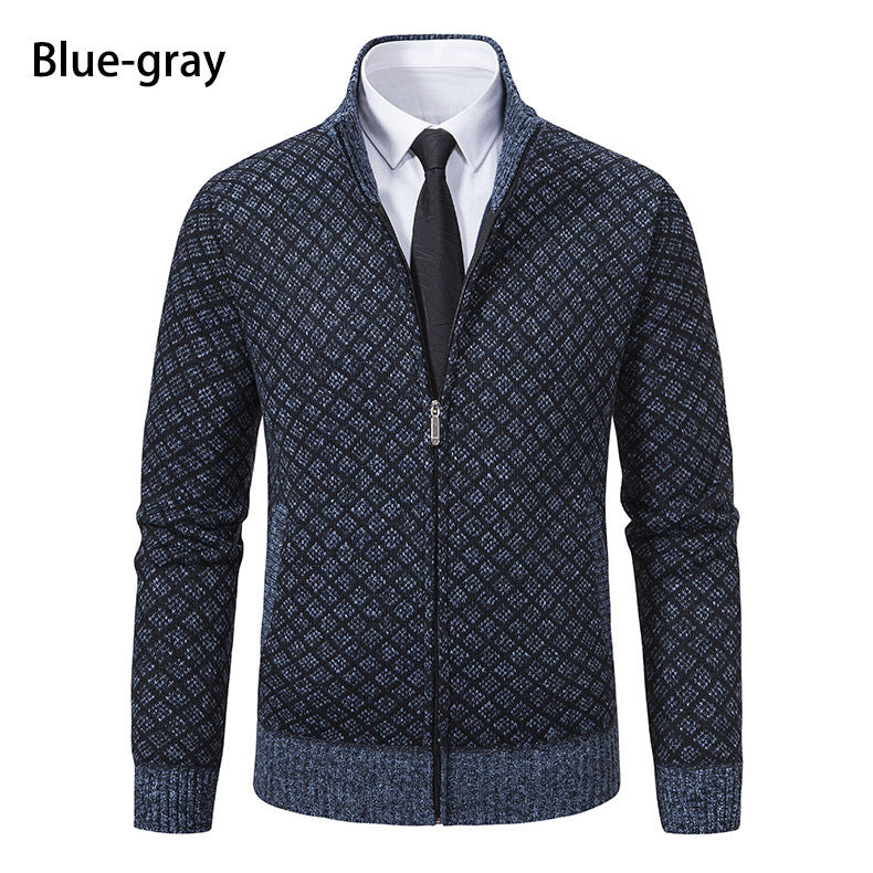 Velvet thickened casual stand up collar hooded zipper knitted jacket