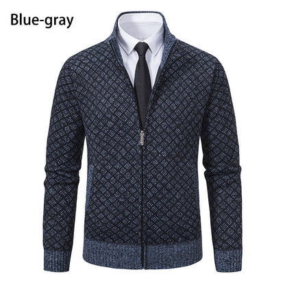 Velvet thickened casual stand up collar hooded zipper knitted jacket