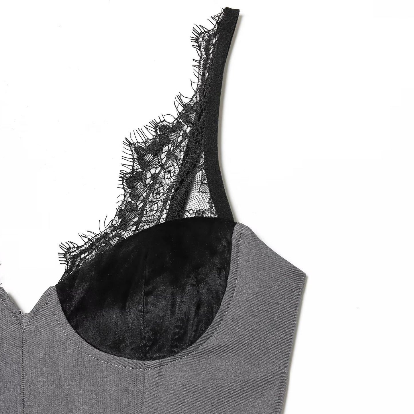 Sexy mini-jurk met kant-fluweel diepe V-hals en spaghettibandjes