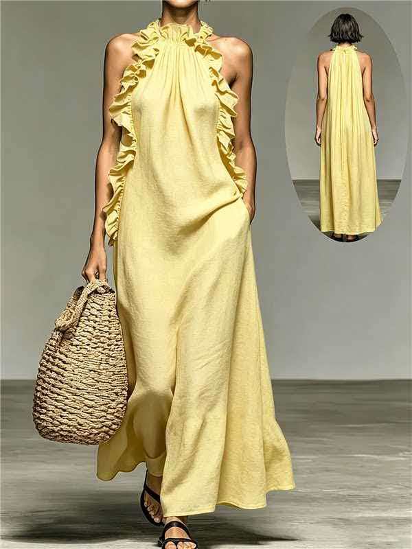 Women Sleeveless Halter Neck Ruffle Dress