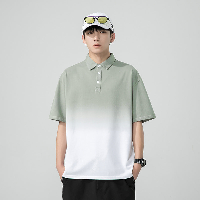 Grey gradient silk cotton lapel T-shirt for men
