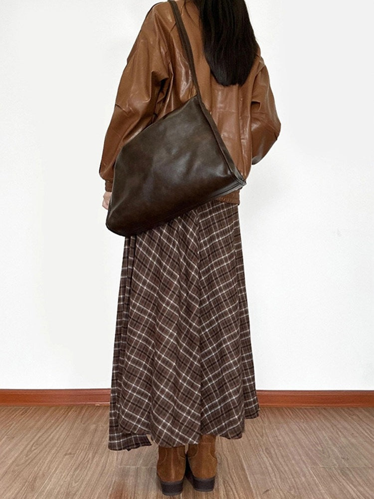 Women's Plus Size Brown Plaid Irregular Hem Long Skirt