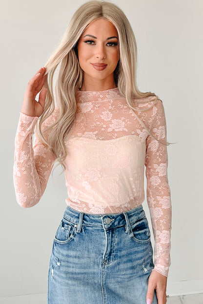 Top met col bloemenkant mesh en lange mouwen