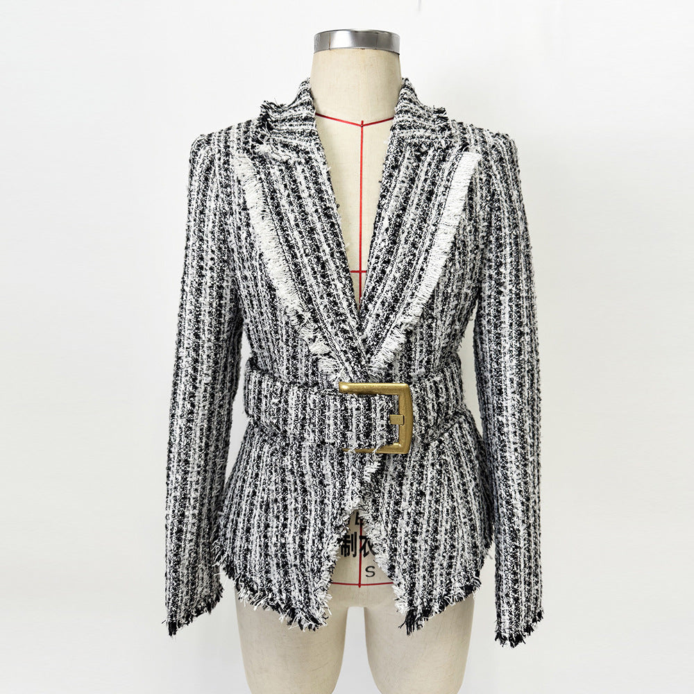 Women's Fringed Tweed Jacket Slim Fit Belted Suit Collar Long Sleeve Coat