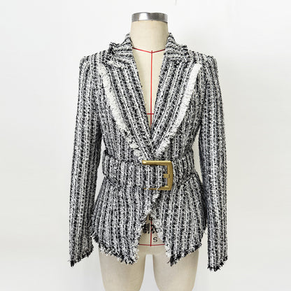 Women's Fringed Tweed Jacket Slim Fit Belted Suit Collar Long Sleeve Coat