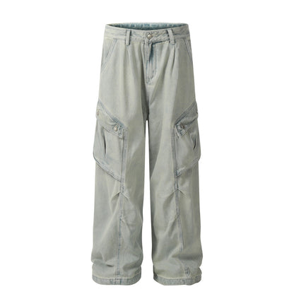 Old washed denim cargo jeans
