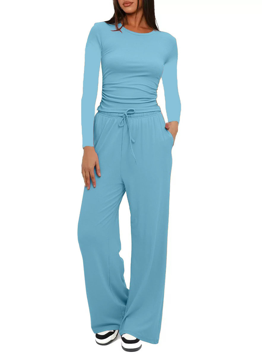 Casual Solid Color Long Sleeve Top & High-Waisted Wide Leg Pants Set Sportswear