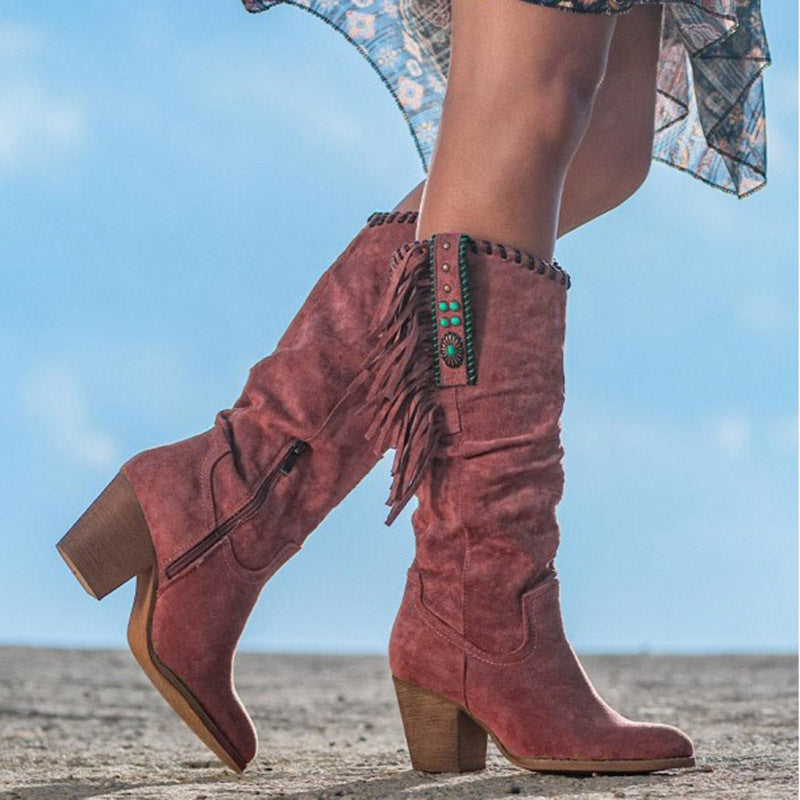 Women's Suede High-Tube Tassel Chunky High-Heeled Boots