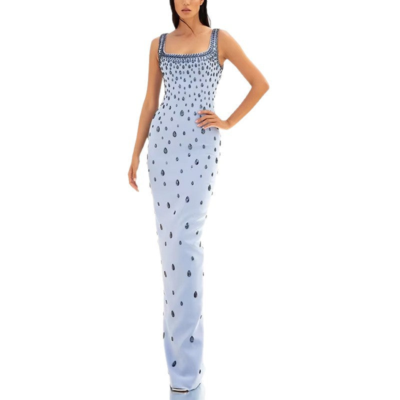 Women?s Hand-Stitched Rhinestone Beaded Sleeveless Long Dress Gown