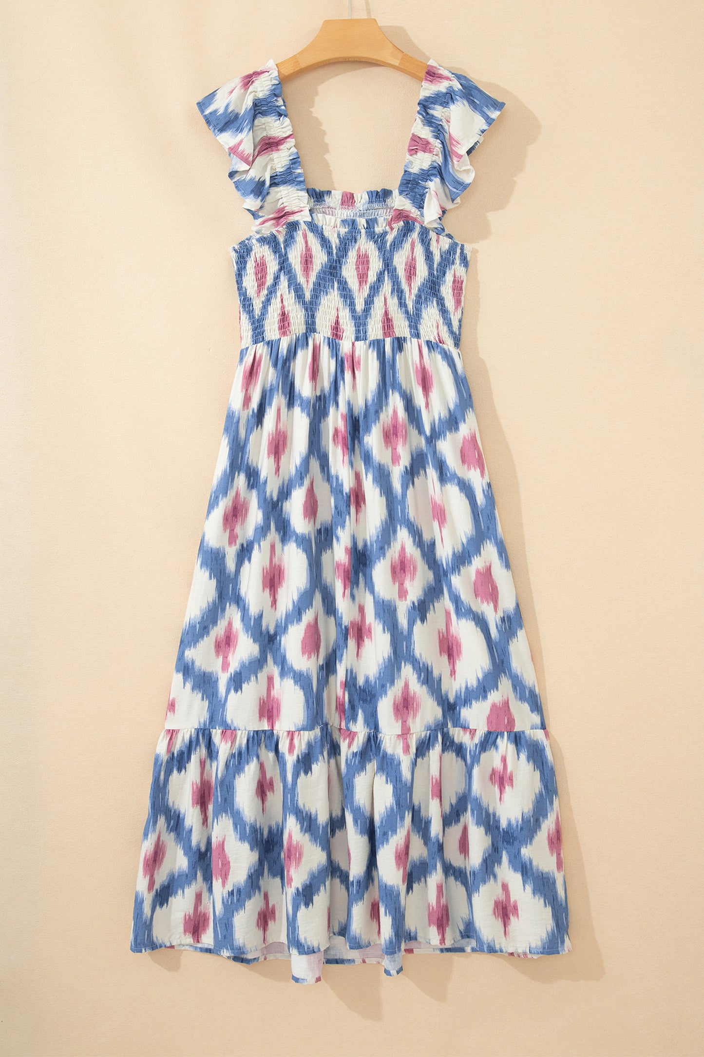 Maxi-jurk met etnische geometrische print vierkante hals hoge taille en ruches
