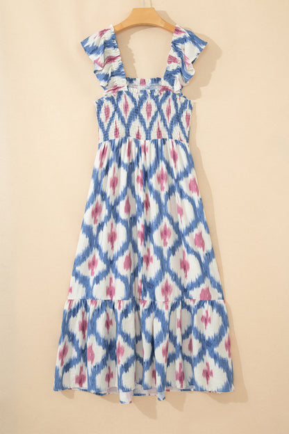 Maxi-jurk met etnische geometrische print vierkante hals hoge taille en ruches