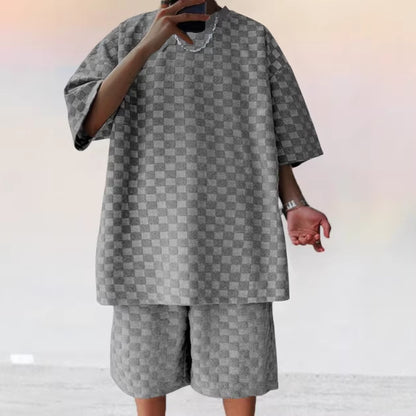 Men's Jacquard Plaid Casual T-Shirt and Shorts Set