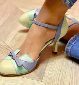 Women's High-Heeled Color-Block Sandals with Bow Strap