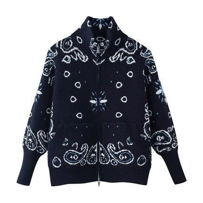 Loose Tricolor Zipper Long Sleeve Cardigan Sweater Jacket
