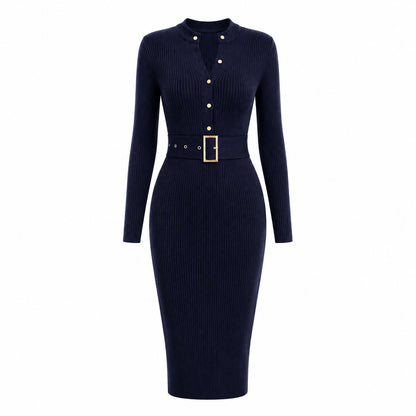 Elegant Bodycon Knitted Ribbed Midi Dress with Belt