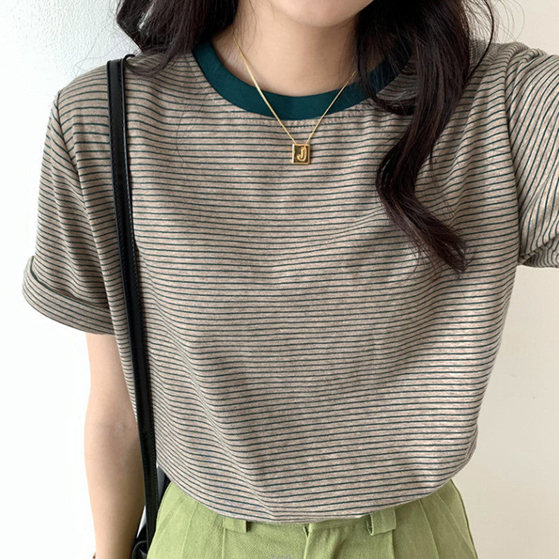Striped T-Shirt Short Sleeve Women's Summer Casual Round Neck Loose Fit Trendy Minimalist Student Top