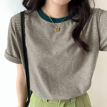 Striped T-Shirt Short Sleeve Women's Summer Casual Round Neck Loose Fit Trendy Minimalist Student Top