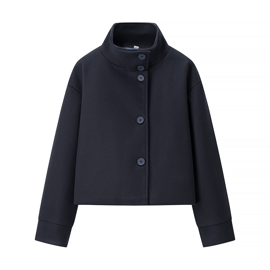 Short Stand-Collar Single-Breasted Elegant Woolen Coat
