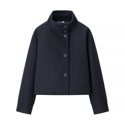 Short Stand-Collar Single-Breasted Elegant Woolen Coat