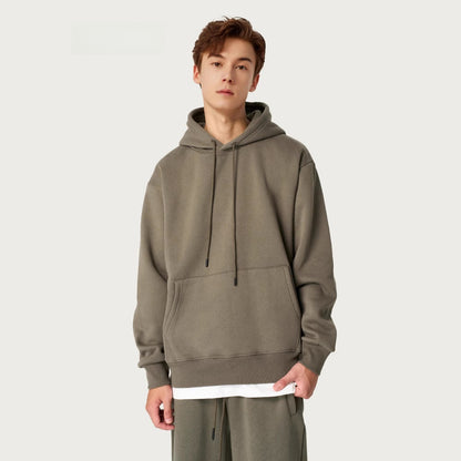 Men Solid Color Fleece Hooded Sweatshirt 350g Heavyweight Pullover