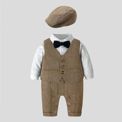 Boys Gentleman Suspender Romper Vest Set Short Sleeve Bow Tie Casual Two Piece Outfit