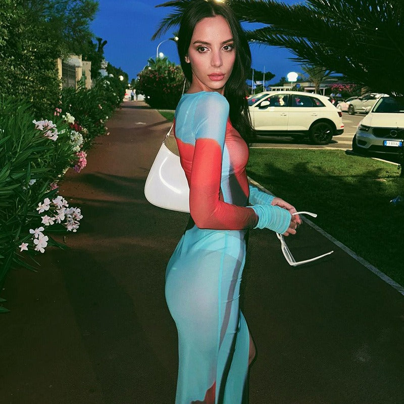 Summer new printed crew-neck dress female fashion sexy gauze see-through slit skirt