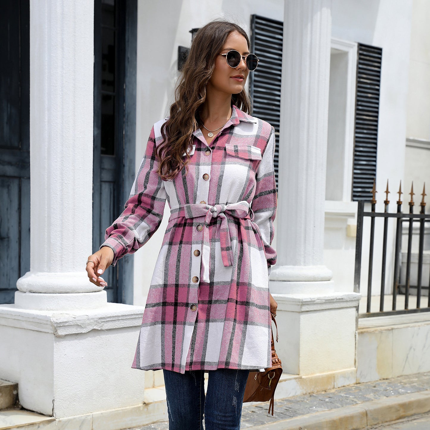 Amerikaanse dames geruite lange verdikte overhemdjurk