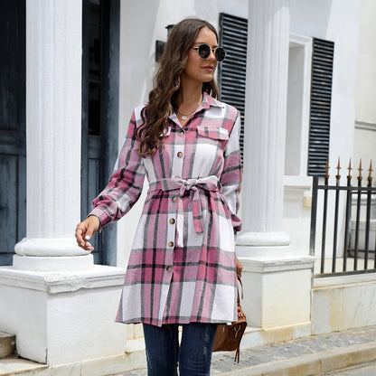 Amerikaanse dames geruite lange verdikte overhemdjurk