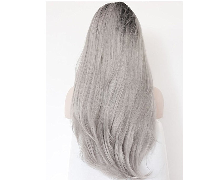 Grijze synthetische handgehaakte kanten pruik