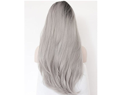 Grijze synthetische handgehaakte kanten pruik