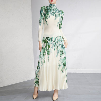 Europe Station Foreign Trade Large Size Women's Autumn New Pleated Top Printed Skirt Set