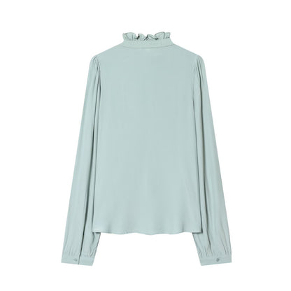 Sweet long sleeved ruffled collar viscose top
