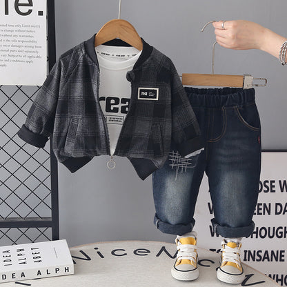Children's Spring and Autumn Checkered Zipper Shirt Long Sleeve Three Piece Set