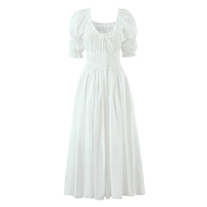 Elegant Retro Puff Sleeve Cotton Dress with Cinched Waist