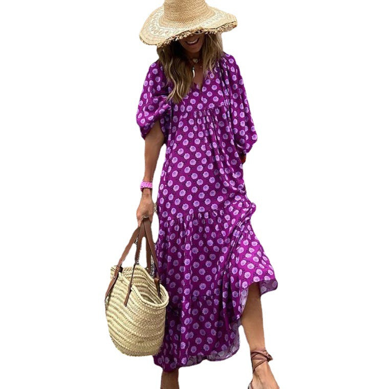 Geometric Print Puff Sleeve V-Neck Long Dress